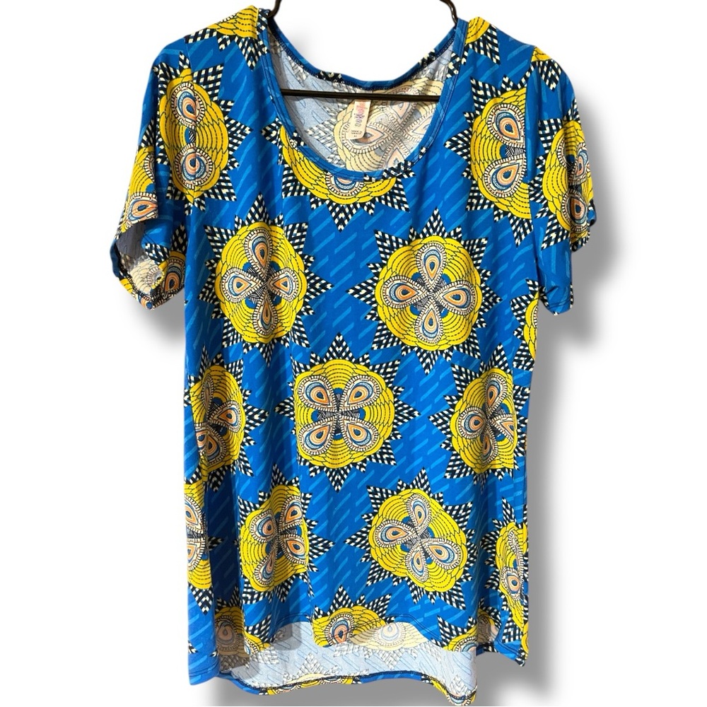 Lularoe Womens Top Blue & Yellow Geometric Floral Print Short Sleeve Stretchy XL